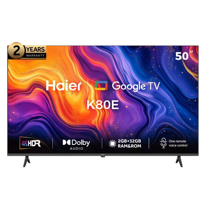 شاشه هاير 4K UHD سمارت ليد 50 بوصة مع ريسيفر مدمج أسود H50K80EU