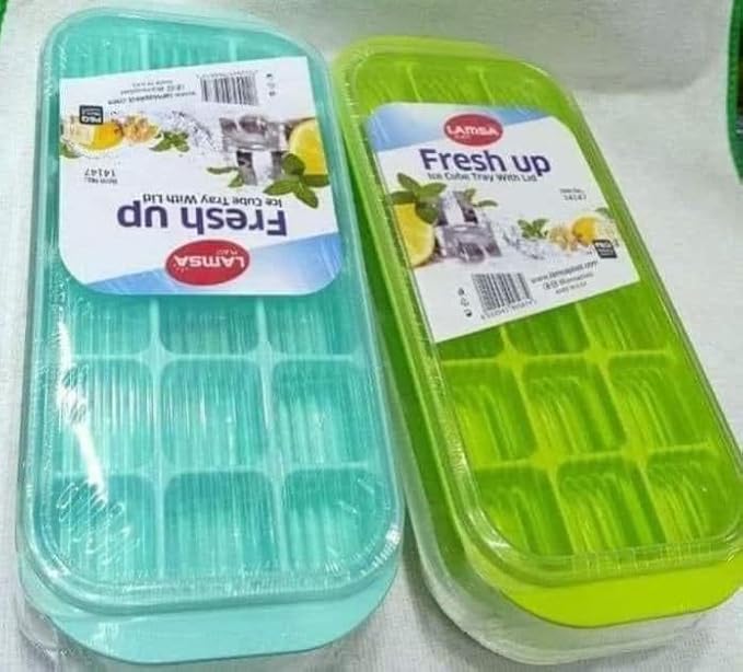 طقم قوالب ثلج بلاستيك بغطاء فريش أب من لمسة بلاست - 2 قطعة (مستطيل، ألوان متنوعة)