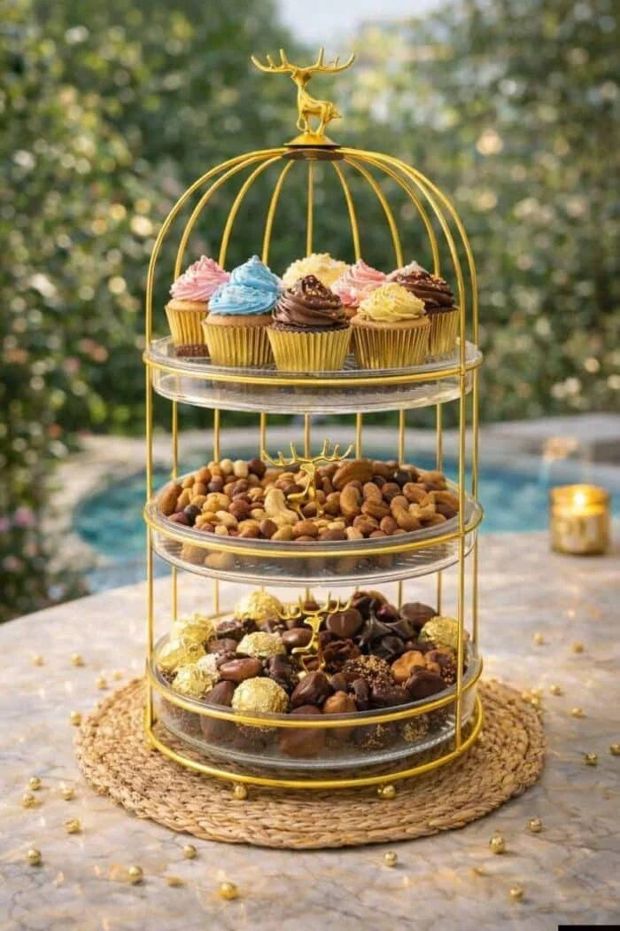 شيالة كحك 3 دور أكريليك بستاند ذهبي – حامل تقديم حلويات فاخر بتصميم غزالة