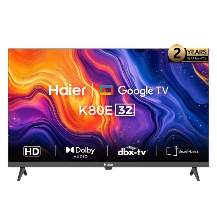 شاشه هاير سمارت إل إي دي 32 بوصة بدقة HD مع ريسيفر مدمج أسود H32K80E